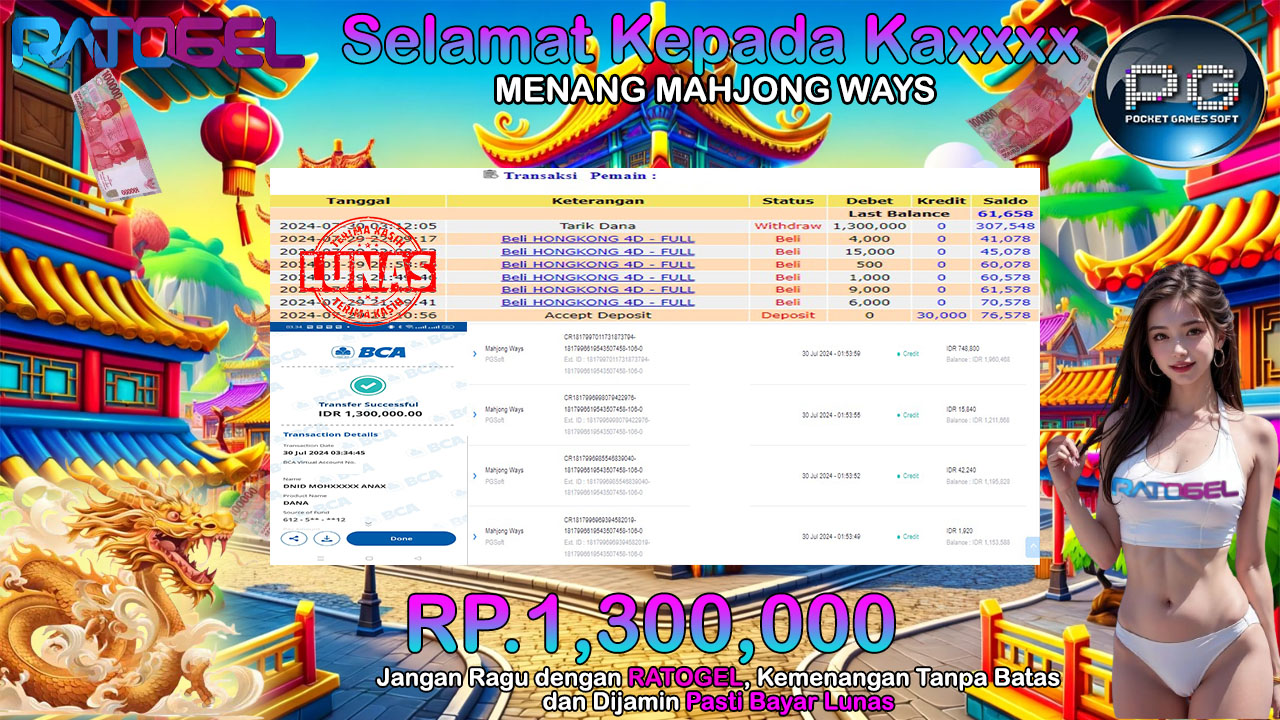 BUKTI JACKPOT SLOT MAHJONG WAYS TERPERCAYA DI INDONESIA TGL 30-07-2024