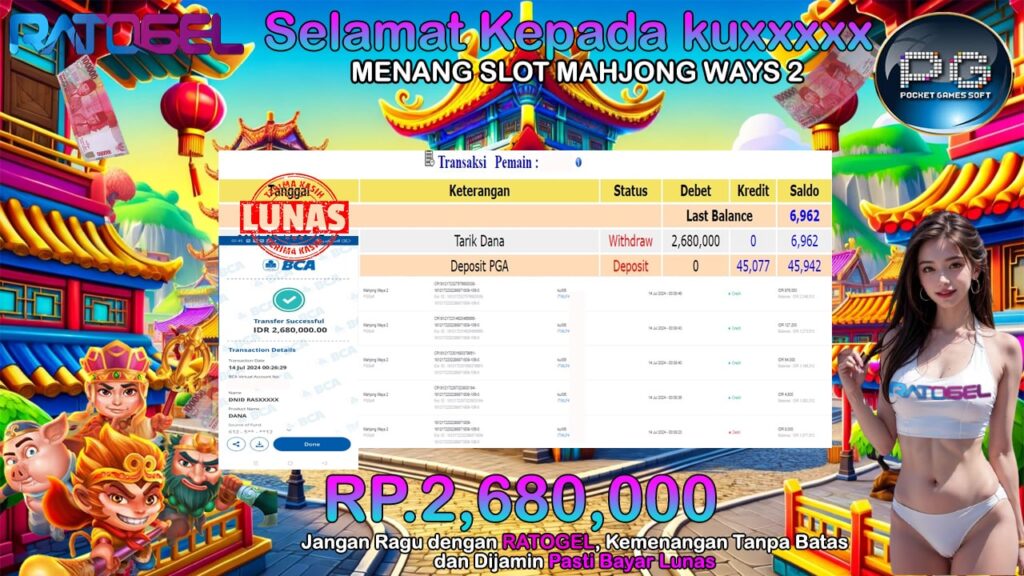 BUKTI JACKPOT SLOT MAHJONG WAYS 2 TERPERCAYA DI INDONESIA TGL 14-07-2024