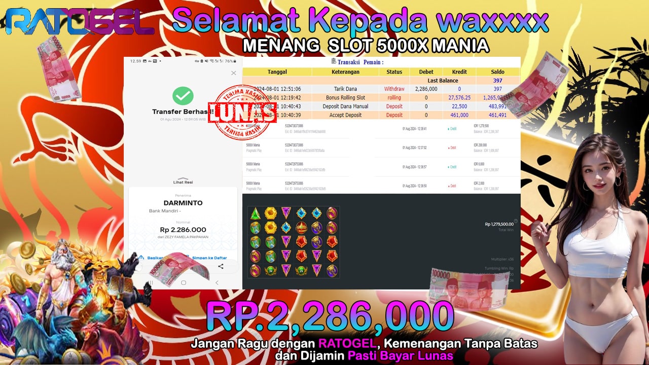 BUKTI JACKPOT SLOT 5000X MANIA TERPERCAYA DI INDONESIA TGL 01-08-2024