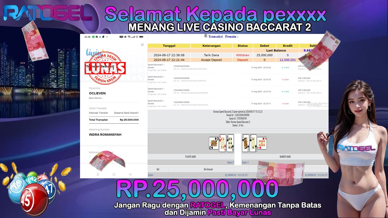 BUKTI JACKPOT LIVE CASINO BACCARAT 2 TERPERCAYA DI INDONESIA TGL 17-08-2024