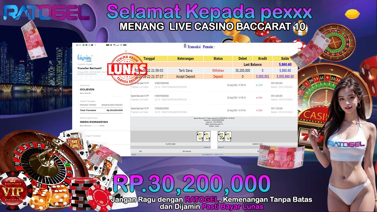 BUKTI JACKPOT LIVE CASINO BACCARAT 10 TERPERCAYA DI INDONESIA TGL 22-08-2024